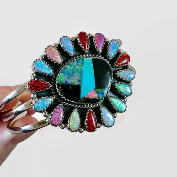 Jewelry - Opal Bracelet Vintage Sterling Silver Cuff Turquoise Onyx Inlay Southwestern